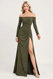 A Line Off The Shoulder Ruched Olive Bridesmaid Dress with Long Sleeves