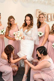 Pink One Shoulder Faux Wrap Satin Long Bridesmaid Dress