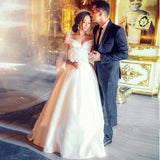 A Line Satin Sweep Train White Wedding Dress with Sleeveless