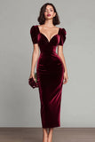Burgundy Sheath V Neck Long Velvet Dress with Puff Sleeves