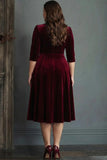 Burgundy A Line V Neck Midi Plus Size Velvet Dress with Half Sleeves