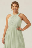 Halter A Line Dusty Sage Pleated Long Plus Size Bridesmaid Dress