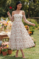 Off the Shoulder Ivory Floral A Line Wedding Guest Dress