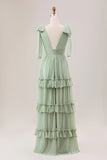 Dusty Sage A Line V Neck Knitted Chiffon Long Bridesmaid Dress With Ruffles