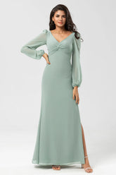Matcha Sheath V Neck Chiffon Knotted Long Bridesmaid Dress with Slit