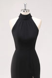 Black Mermaid Halter Neck Ruffled Long Formal Dress with Slit