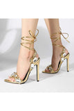 Open Toe Crystal Embellished Metallic Lace Up Stiletto Heels
