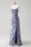 Mermaid Corset Burnout Velvet Blue Bridesmaid Dress with Watteau Train