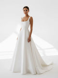 Simple A Line Square Neck White Satin Wedding Dresses