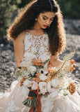 Bohemian A Line Backless Spaghetti Straps Sleeveless Lace Emboridery Wedding Dresses