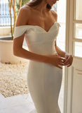 Trumpet Mermaid Off the Shoulder Sweep Train Satin Wedding Dress