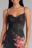 Black Floral Mermaid Midi Wedding Guest Dress