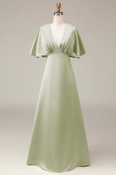 Dusty Sage A Line V Neck Satin Bridesmaid Dress With Short Sleeves