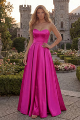 Fuchsia Strapless A Line Satin Maxi Prom Dress