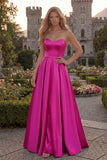 Fuchsia Strapless A Line Satin Maxi Prom Dress
