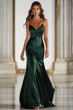 Dark Green Mermaid Spaghetti Straps Satin Long Gala Dress