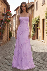 Lilac Appliqued Spaghetti Straps Long Prom Dress