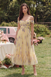 Off the Shoulder Yellow Floral A Line Midi Wedding Guest Dress