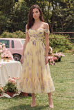 Off the Shoulder Yellow Floral A Line Midi Wedding Guest Dress