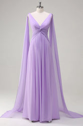 Elegant Lilac A Line V Neck Chiffon Long Bridesmaid Dress with Flowing Cape Sleeves