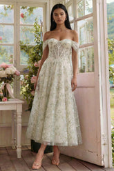 Off the Shoulder Corset A Line Light Green Floral Wedding Guest Dress
