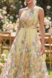 A Line Yellow One Shoulder Floral Wedding Guest Dress