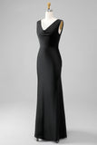 Black Sheath V Neck Sleeveless Floor Length Satin Bridesmaid Dress