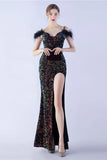 Mermaid Spaghetti Straps Sequin Formal Dress With Feathers