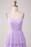 Lilac A Line Spaghetti Straps Tiered Floor Length Bridesmaid Dress With Slit