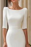 Ivory Satin Sheath Bateau Neck Midi Rehearsal Dinner dress