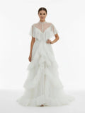 High Split A Line See through Short Sleeves Ruffle Tulle Wedding Dresses