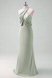 Dusty Sage Sheath Halter Ruched Satin Long Bridesmaid Dress