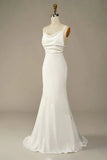 Simple Spaghetti Straps Long Soft Satin Ivory Mermaid Beach Wedding Dresses