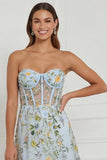 Floral Blue Strapless A Line Corset Midi Wedding Guest Dress