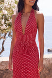 Halter Mermaid Red White Polka Dot Maxi Dress