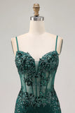 Dark Green Sequins Sheer Corset Tight Short Homecoming Dress
