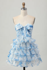 Strapless White Blue Flower A line Tiered Short Homecoming Dress with Bow