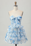 Strapless White Blue Flower A line Tiered Short Homecoming Dress with Bow