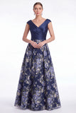 Dark Navy A Line Floral Jacquard Mother of the Bride Dress with Cap Sleeves