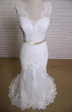 V Neck Sleeveless Lace Mermaid Wedding Dress With Satin Sash