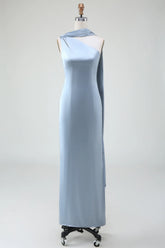 Sheath One Shoulder Convertible Long Satin Dusty Blue Bridesmaid Dress