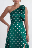 Green White Polka Dot One Shoulder A Line Formal Dress with Slit