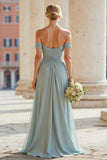 Off The Shoulder Grey Blue A Line Pleated Long Bridesmaid Dress with Slit