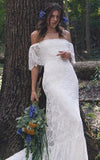 Boho Off Shoulder Sheath Scalloped Lace Wedding Dress With Long Train