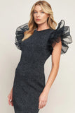 VOLUMINOUS POWER METALLIC BLACK MIDI DRESS
