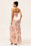 Blush Sheath Strapless Print Satin Long Floral Bridesmaid Dress with Slit
