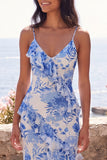 Blue Flower Spaghetti Straps Ruffled Sheath Wedding Guest Dress