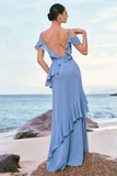 Grey Blue Cold Shoulder A Line Chiffon Long Bridesmaid Dress with Ruffles
