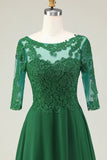 Green A Line Tie Back Appliqued Midi Mother Of The Bride Dress with Half Sleeves