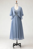 Dusty Blue A Line Appliqued V Neck Midi Mother of the Bride Dress with Capelet